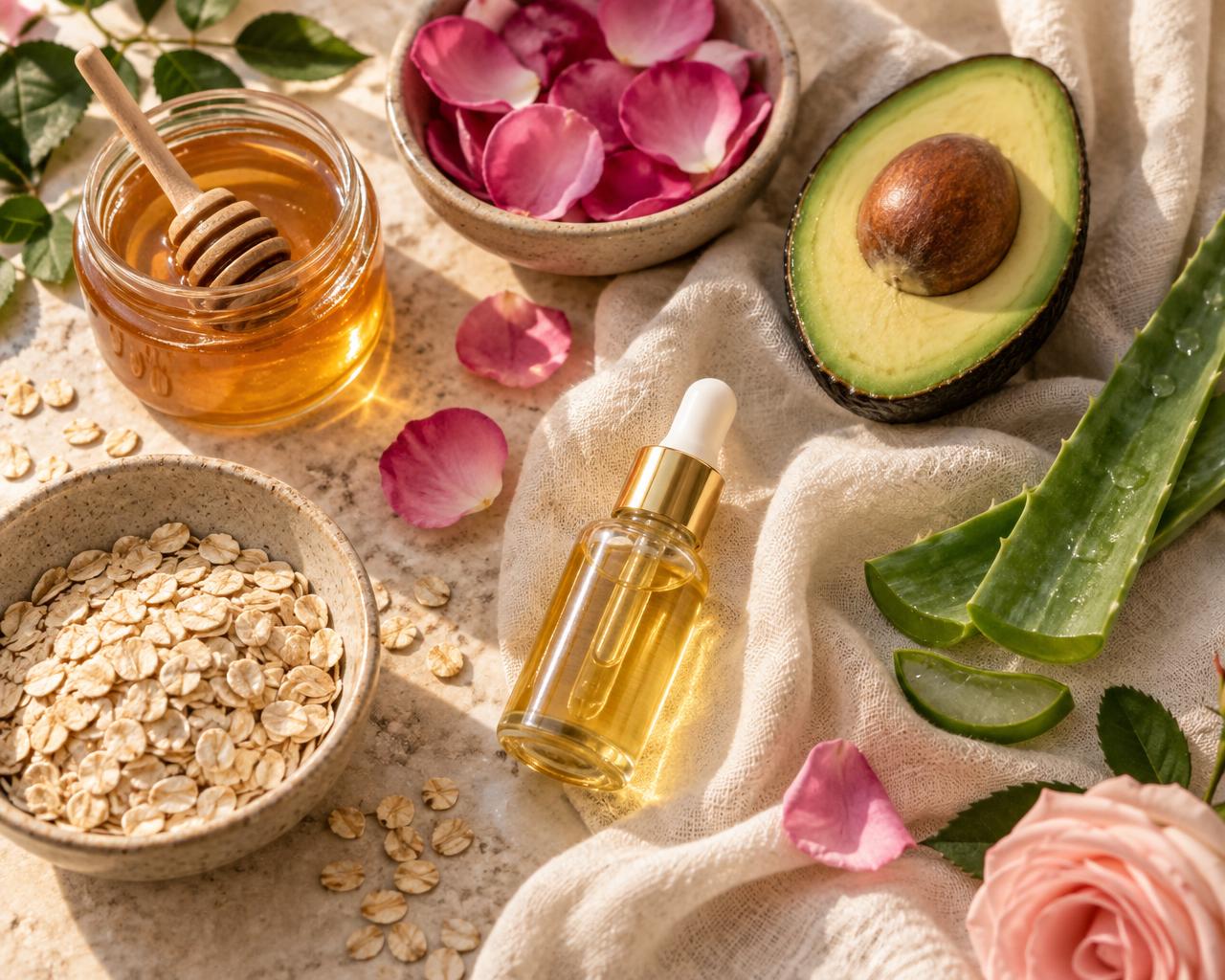 Ingredientes naturais como mel, abacate, aveia, aloe vera e pétalas de rosa